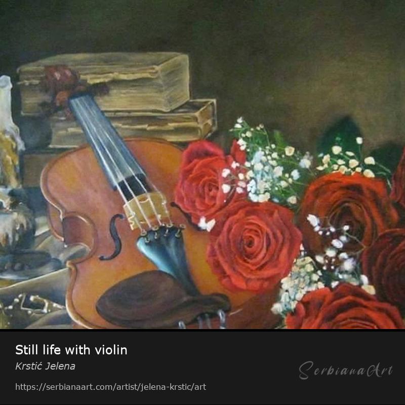 Still life with violin, Oil/Canvas, Krstić Jelena