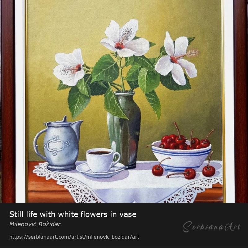 Still life with white flowers in vase, Oil/Hardboard, Milenović Božidar