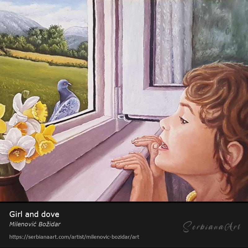 Girl and dove, Oil/Canvas, Milenović Božidar