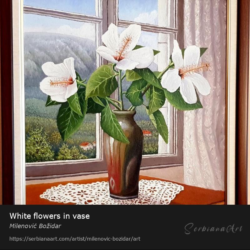 White flowers in vase, Oil/Canvas, Milenović Božidar