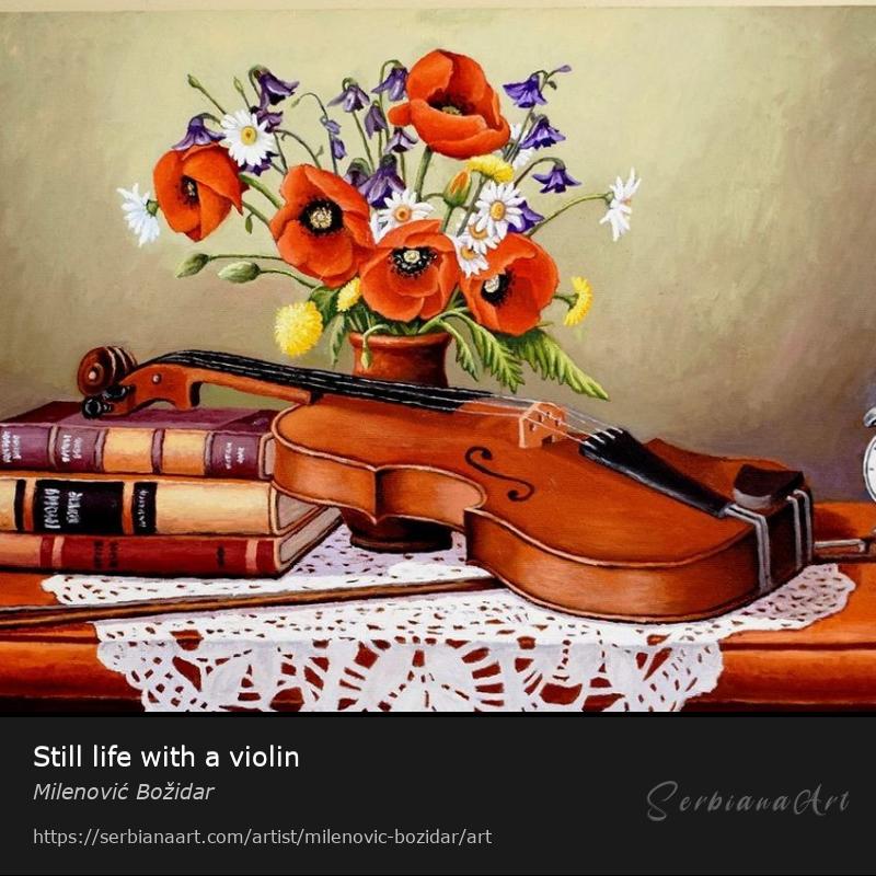 Still life with a violin, Oil/Canvas, Milenović Božidar