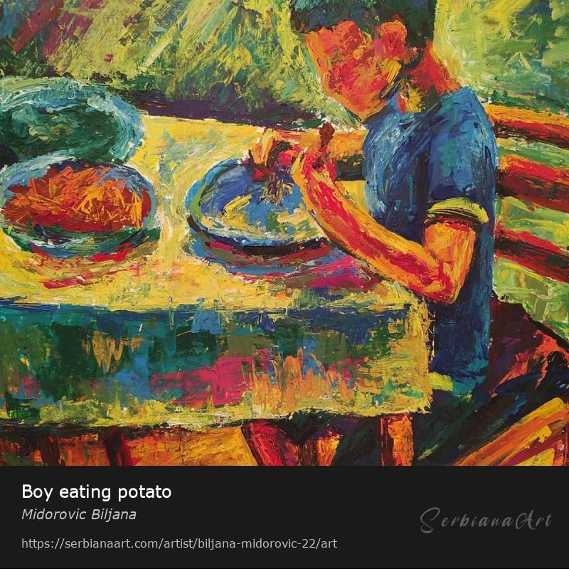 Boy eating potato, Acrylic/Cardboard, Midorovic Biljana