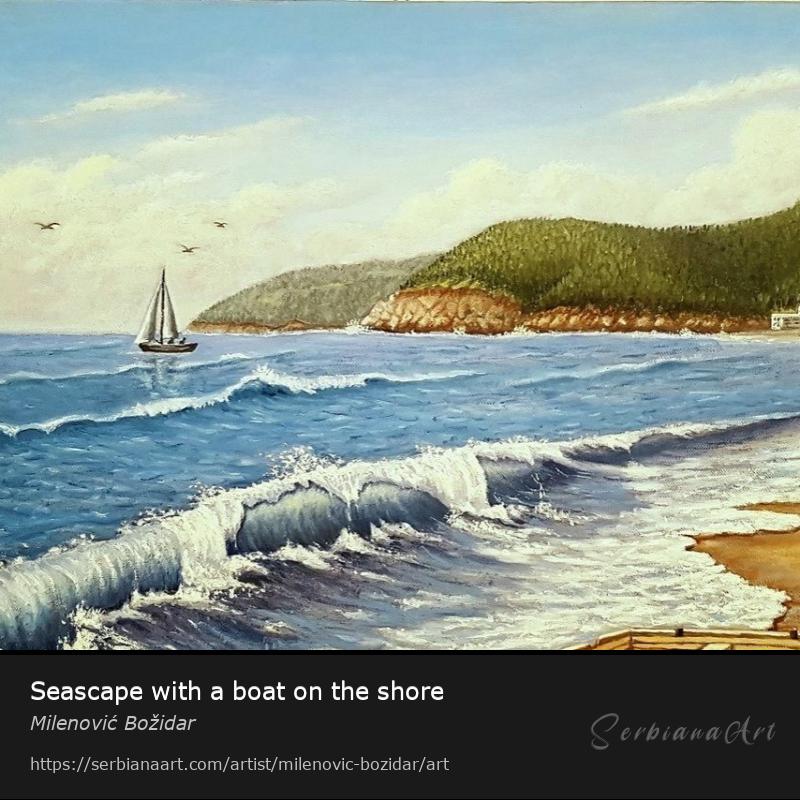 Seascape with a boat on the shore, Oil/Canvas, Milenović Božidar