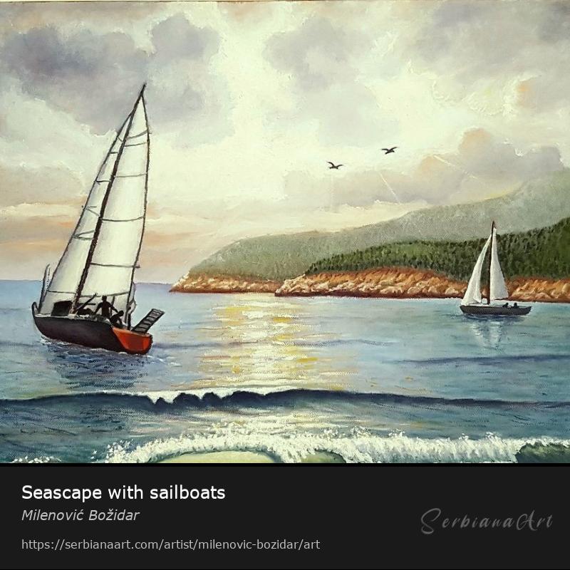 Seascape with sailboats, Oil/Canvas, Milenović Božidar