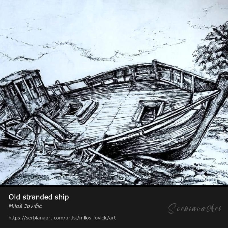 Old stranded ship, Indian ink/Paper, Miloš Jovičić