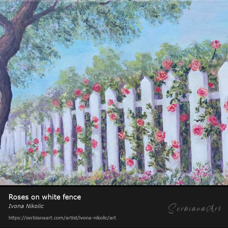 Roses on white fence, Oil/Canvas, Ivona Nikolic