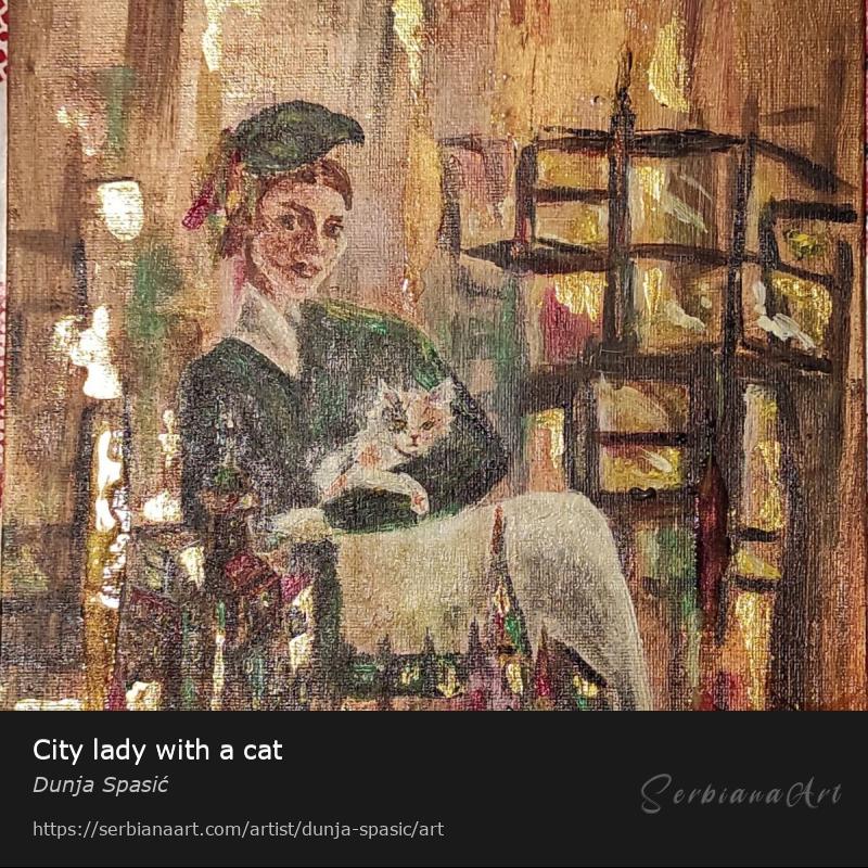 City lady with a cat, Acrylic/Canvas, Dunja Spasić