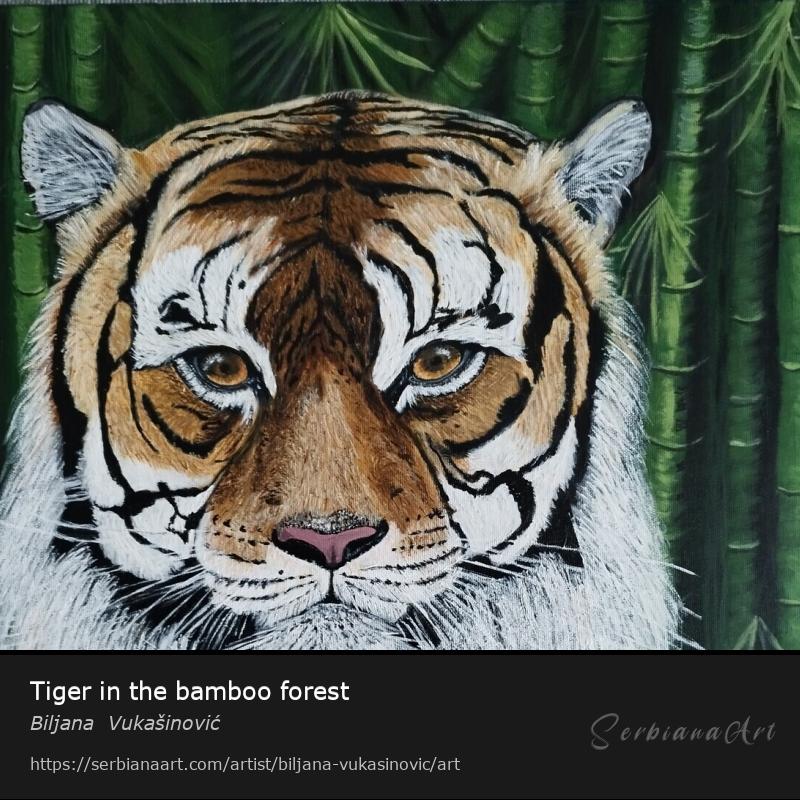 Tiger in the bamboo forest, Acrylic/Canvas, Biljana  Vukašinović