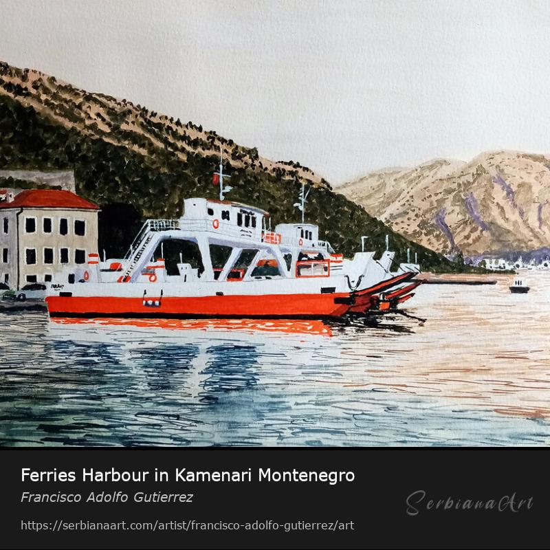Ferries Harbour in Kamenari Montenegro, Watercolor/Paper, Francisco Adolfo Gutierrez
