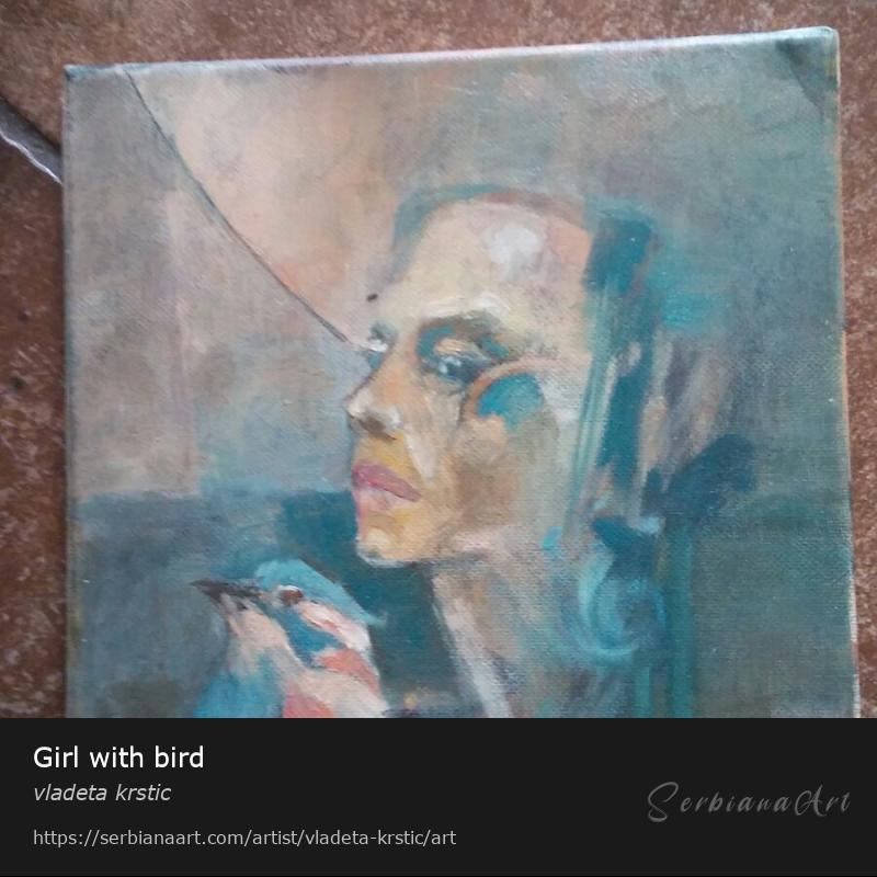 Girl with bird, Oil/Canvas, vladeta krstic