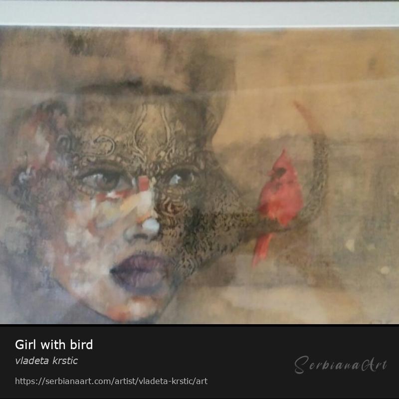 Girl with bird, Acrylic/Cardboard, vladeta krstic