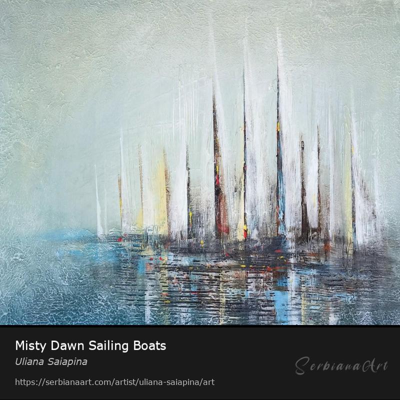 Misty Dawn Sailing Boats, Mixed Media/Canvas, Uliana Saiapina