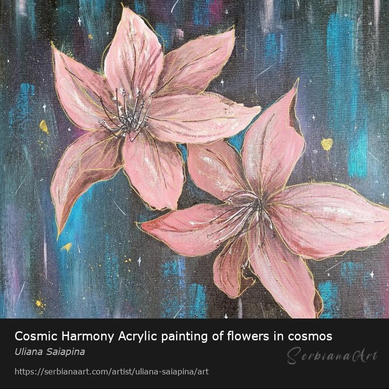 Cosmic Harmony Acrylic painting of flowers in cosmos, Acrylic/Cardboard, Uliana Saiapina
