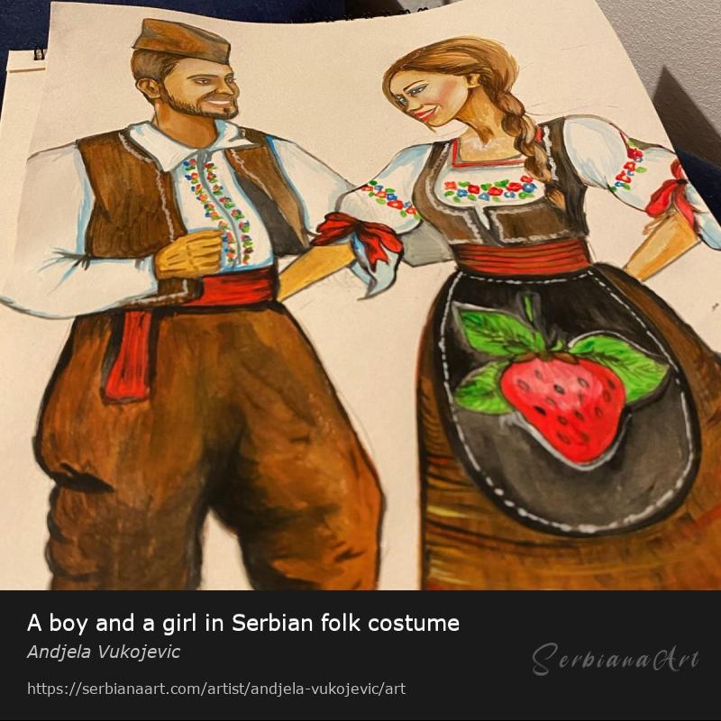 A boy and a girl in Serbian folk costume, Acrylic/Paper, Andjela Vukojevic