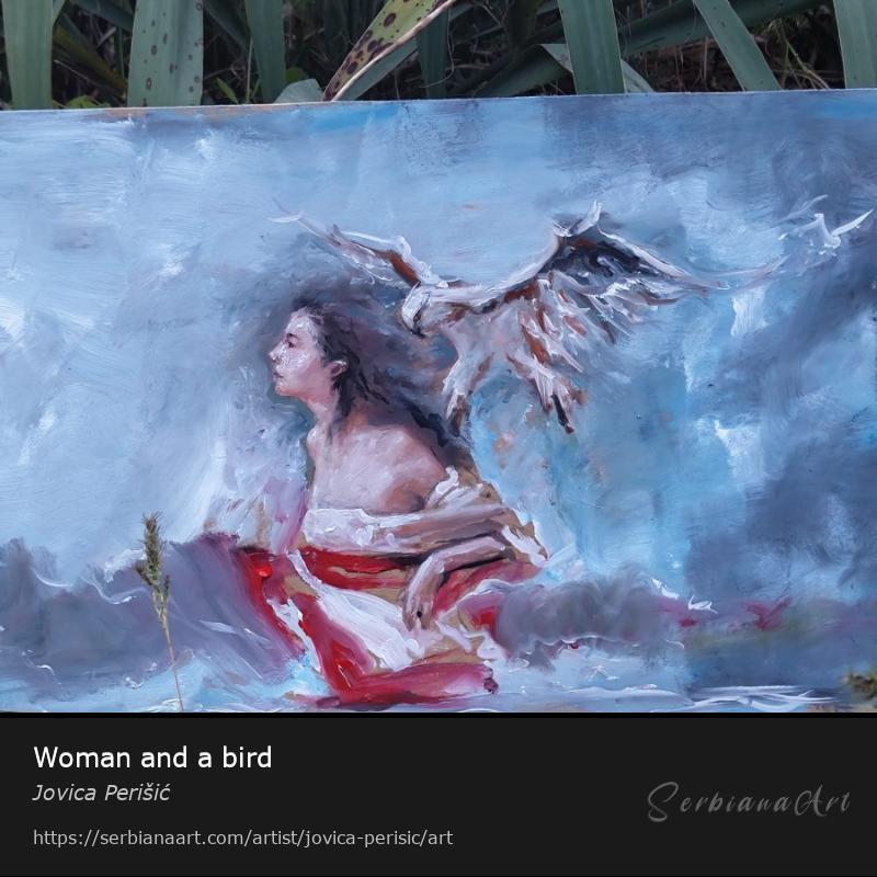 Woman and a bird, Oil/Plywood, Jovica Perišić