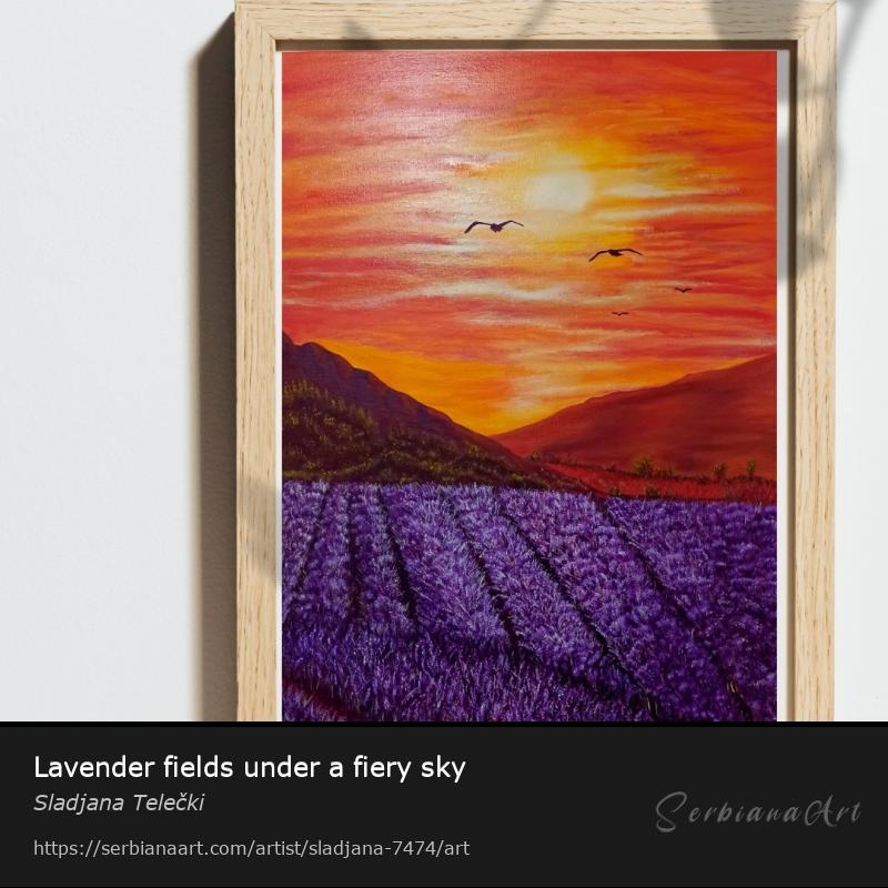 Lavender fields under a fiery sky, Oil/Canvas, Sladjana Telečki