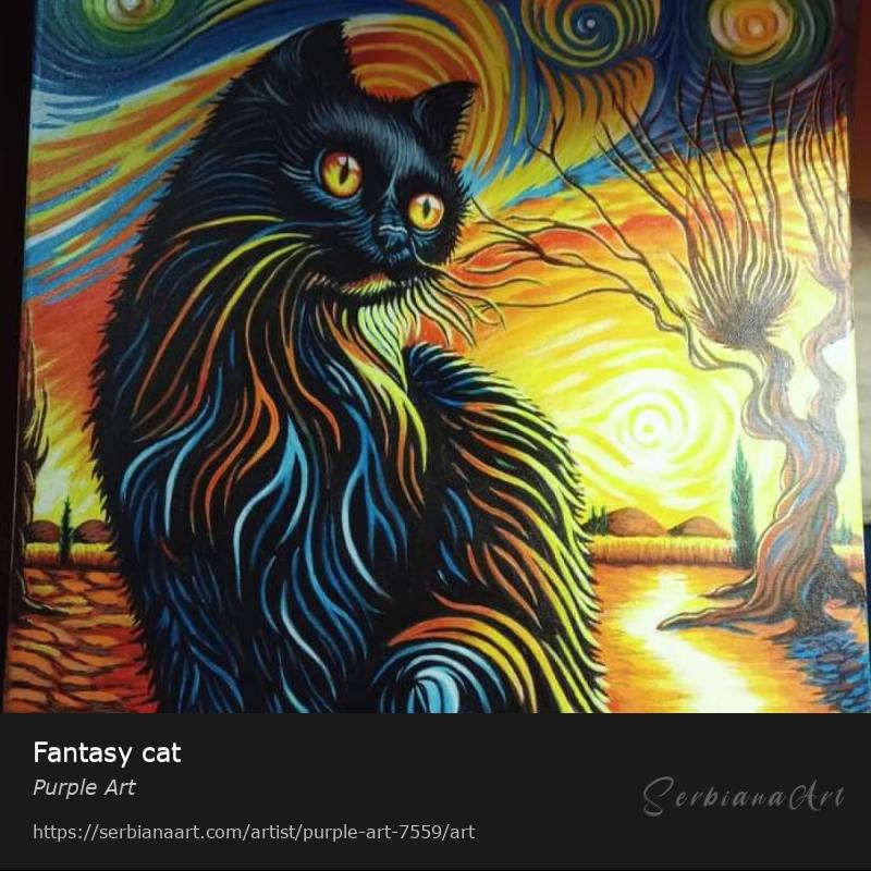 Fantasy cat, Acrylic/Canvas, Purple Art
