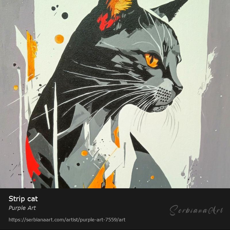 Strip cat, Acrylic/Canvas, Purple Art