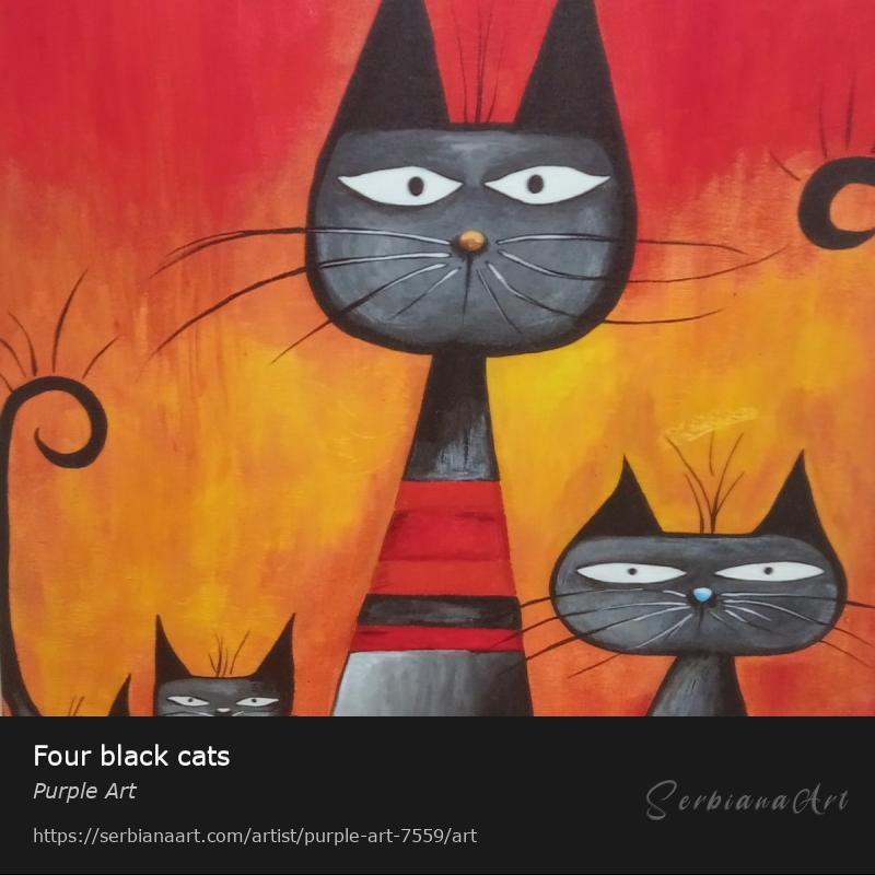 Four black cats, Acrylic/Canvas, Purple Art