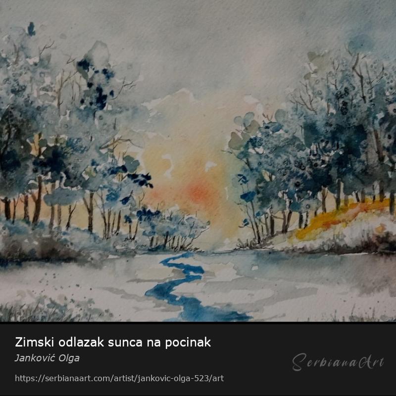 Zimski odlazak sunca na pocinak, Watercolor/Paper, Janković Olga