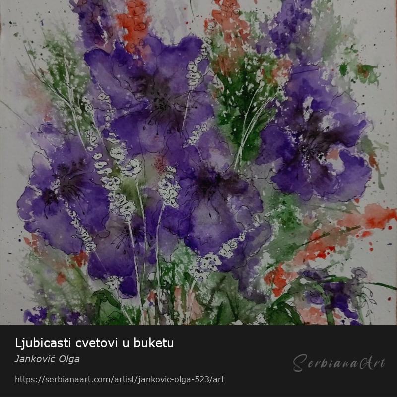 Ljubicasti cvetovi u buketu, Watercolor/Paper, Janković Olga