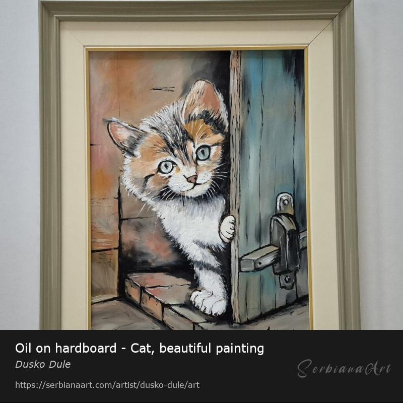 Oil on hardboard - Cat, beautiful painting, Oil/Hardboard, Dusko Dule