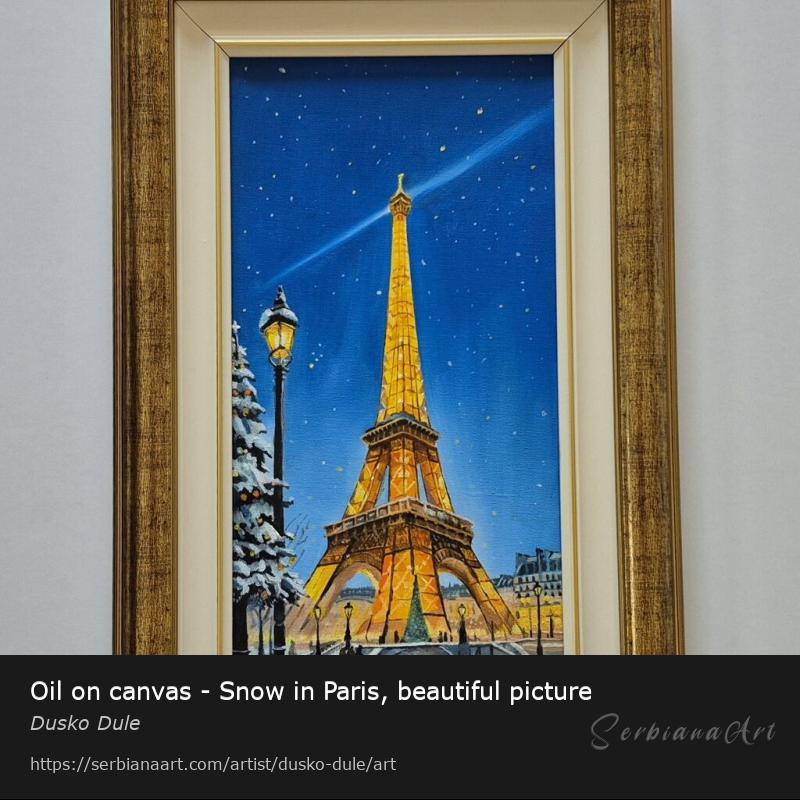 Oil on canvas - Snow in Paris, beautiful picture, Oil/Canvas, Dusko Dule