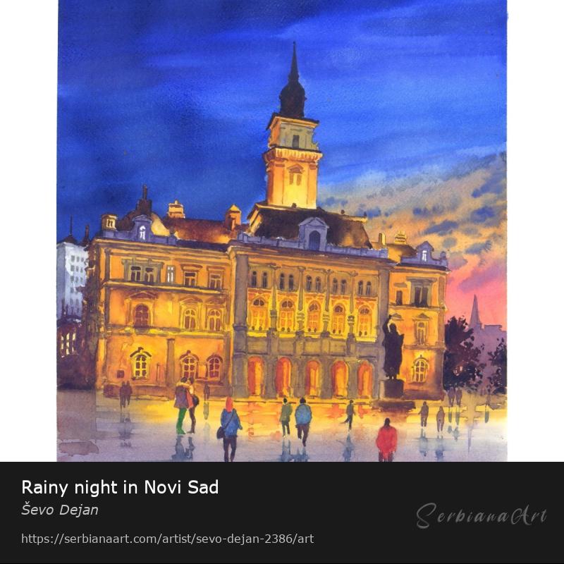 Rainy night in Novi Sad, Watercolor/Paper, Ševo Dejan