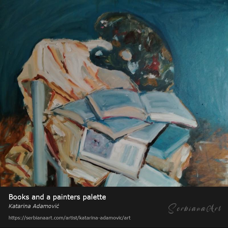 Books and a painters palette, Oil/Canvas, Katarina Adamović