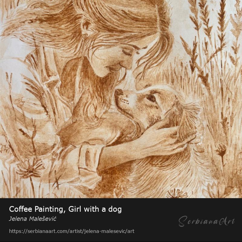 Coffee Painting, Girl with a dog, Watercolor/Paper, Jelena Malešević