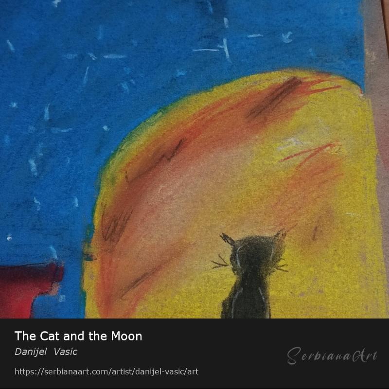 The Cat and the Moon, Pastel/Paper, Danijel  Vasic