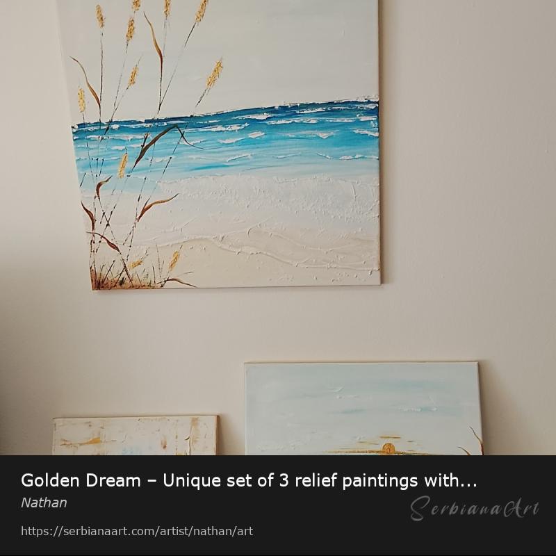 Golden Dream – Unique set of 3 relief paintings with gold leaf, Mixed Media/Canvas, Nathan