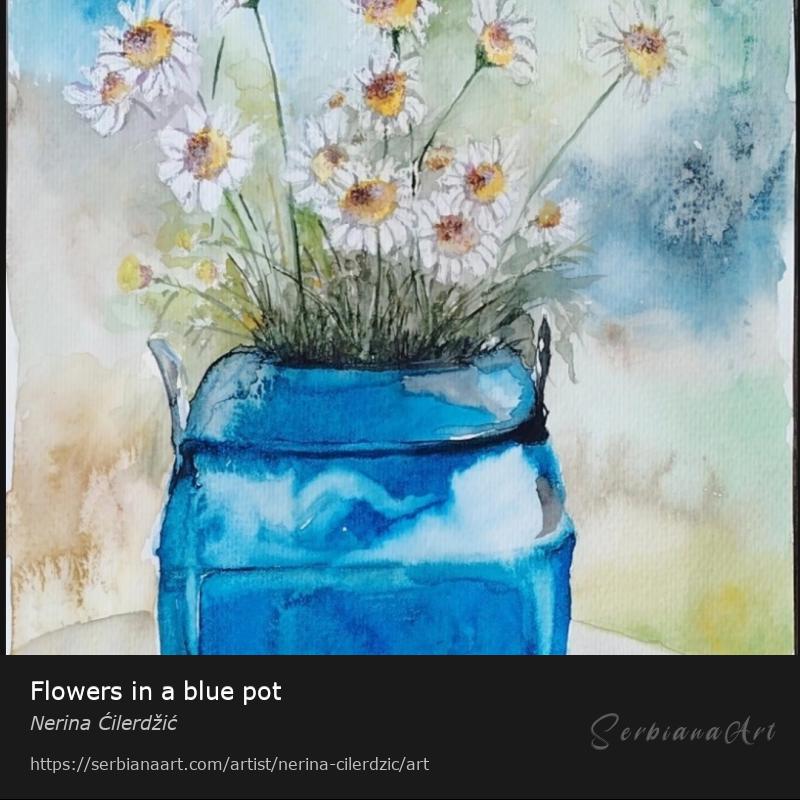 Flowers in a blue pot, Watercolor/Paper, Nerina Ćilerdžić