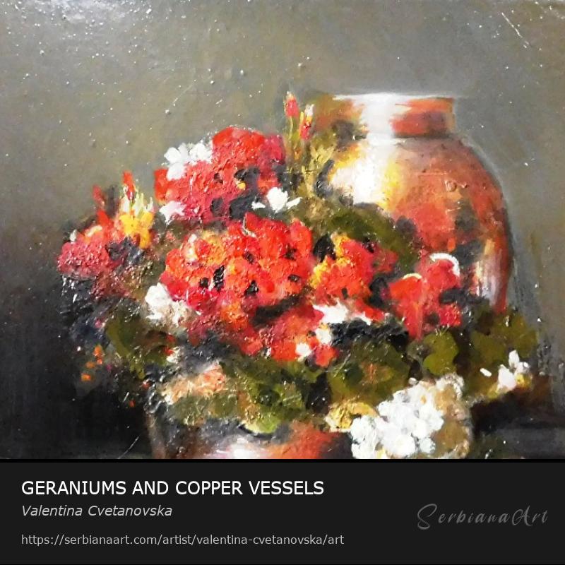GERANIUMS AND COPPER VESSELS, Oil/Canvas, Valentina Cvetanovska
