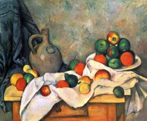 Still life, drapery, pitcher and fruit bowl