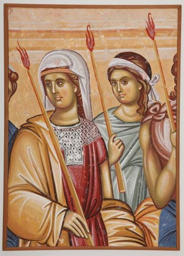 Serbia, Studenica,Two girls with candles, copy of fresco