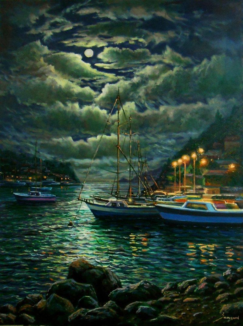 Moonlight over the harbor, Painting Borko Šainović