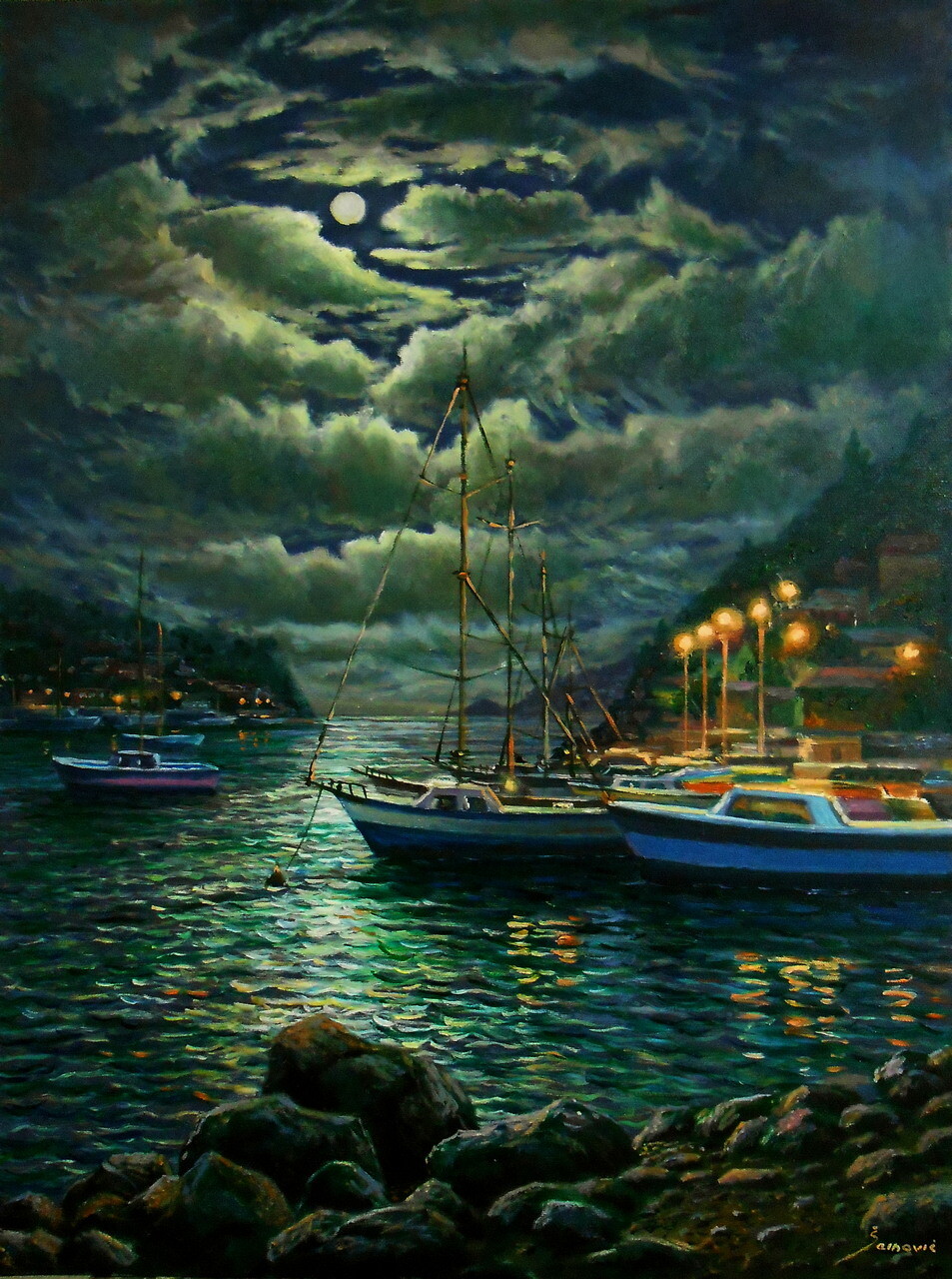 Moonlight over the harbor