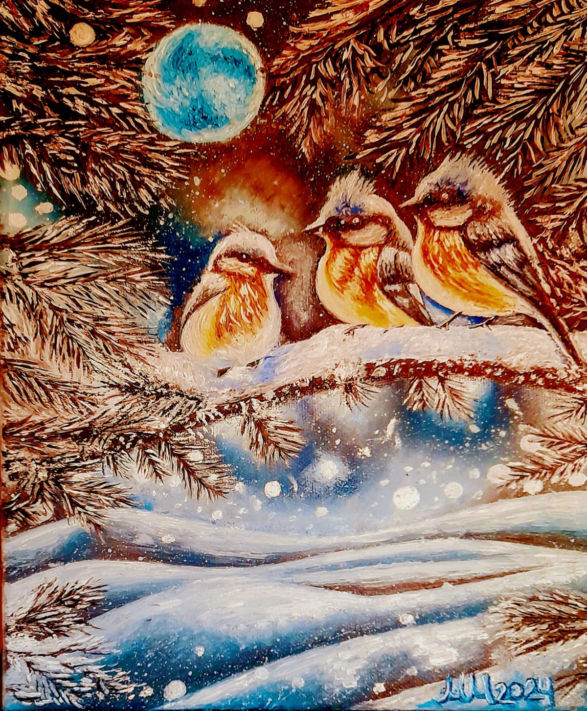 Sparrows on a snowy