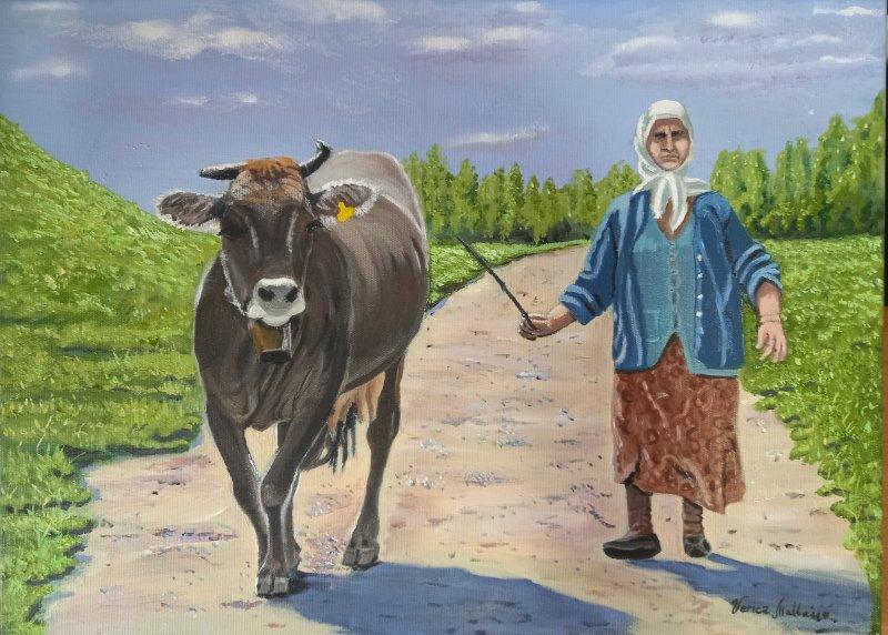 An old woman with a cow, Painting Malbašić Verica