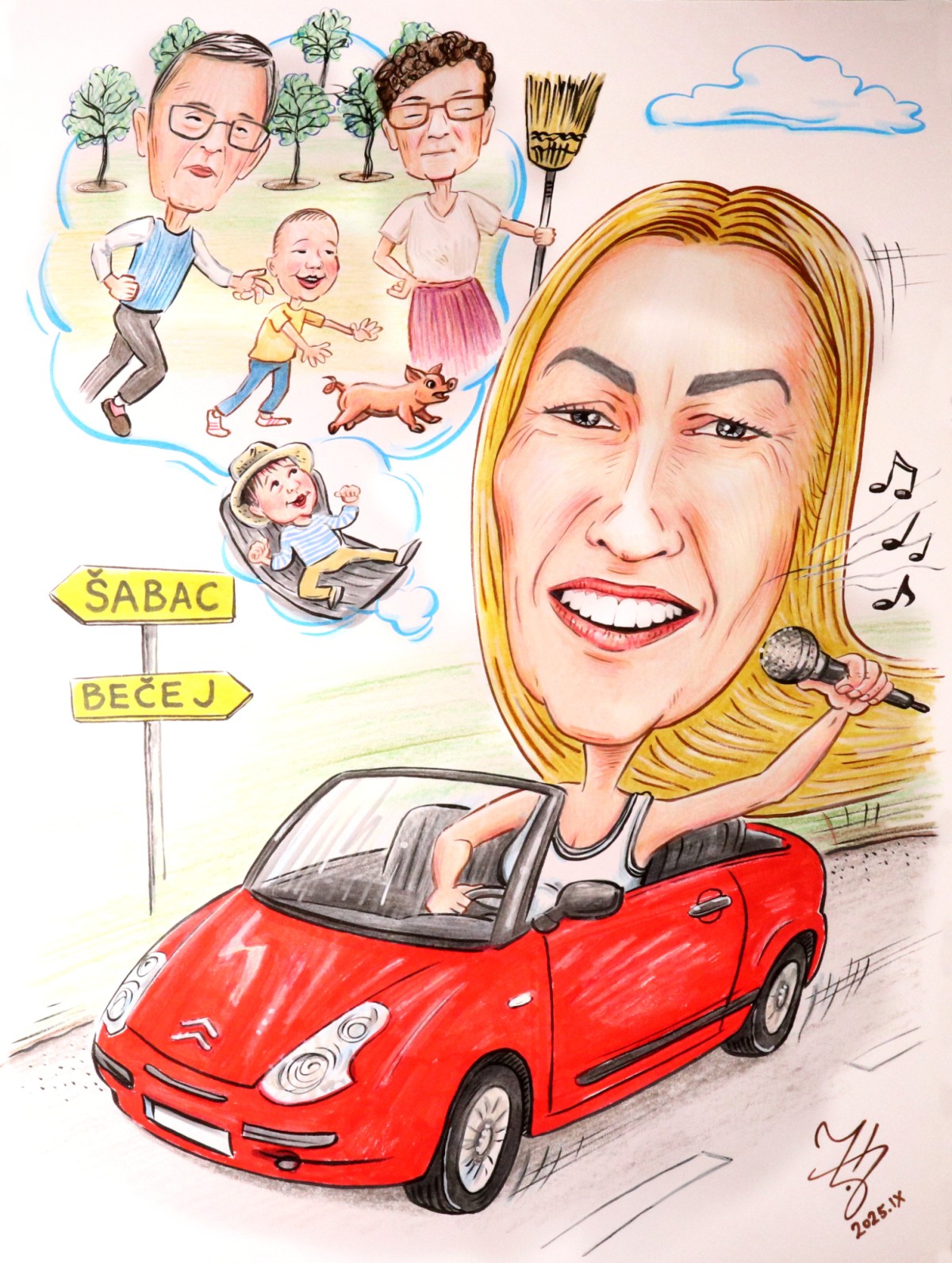AUNT IS DRIVING CABRIO - PORTRAIT CARICATURE