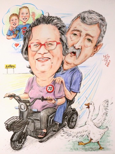 GRANDPARENTS ON THE MOTORCYCLE - PORTRAIT CARICATURE by DJUKAN ~ CARICATURES