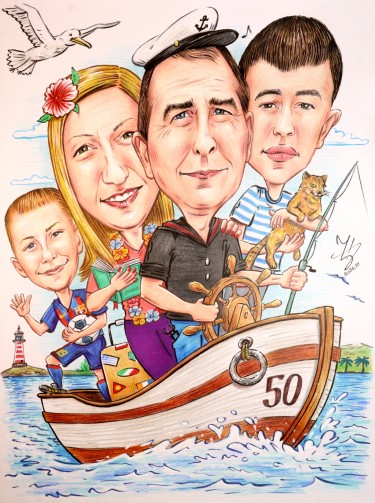 SHIP CAPTAIN - FAMILY PORTRAIT CARICATURE by DJUKAN ~ CARICATURES