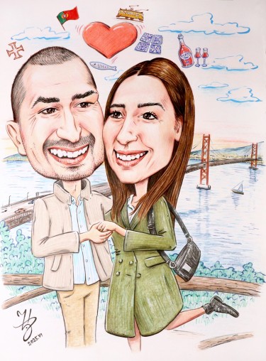 MARRIED COUPLE IN LISBON - PORTRAIT CARICATURE by DJUKAN ~ CARICATURES