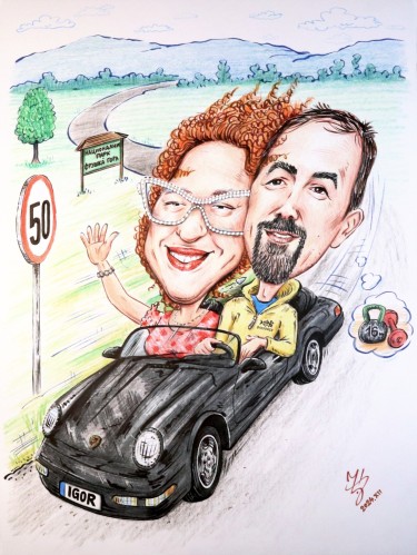 DRIVING IN PORSCHE - PORTRAIT CARICATURE by DJUKAN ~ CARICATURES