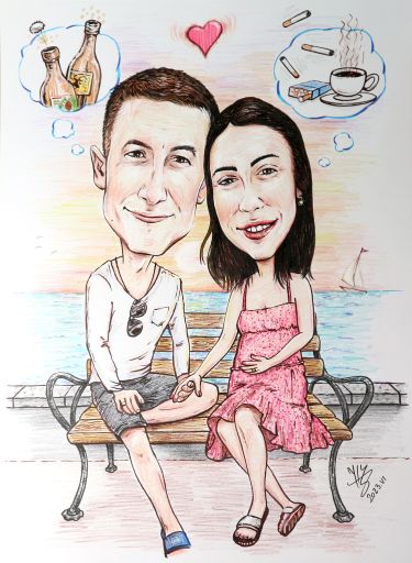 LOVING COUPLE BY THE SEA ~ PORTRAIT CARICATURE