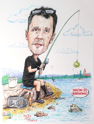 TENNIS PLAYER IS FISHING - PORTRAIT CARICATURE by Đukić Nenad