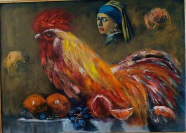 a girl with a rooster,  by Antić Bojan