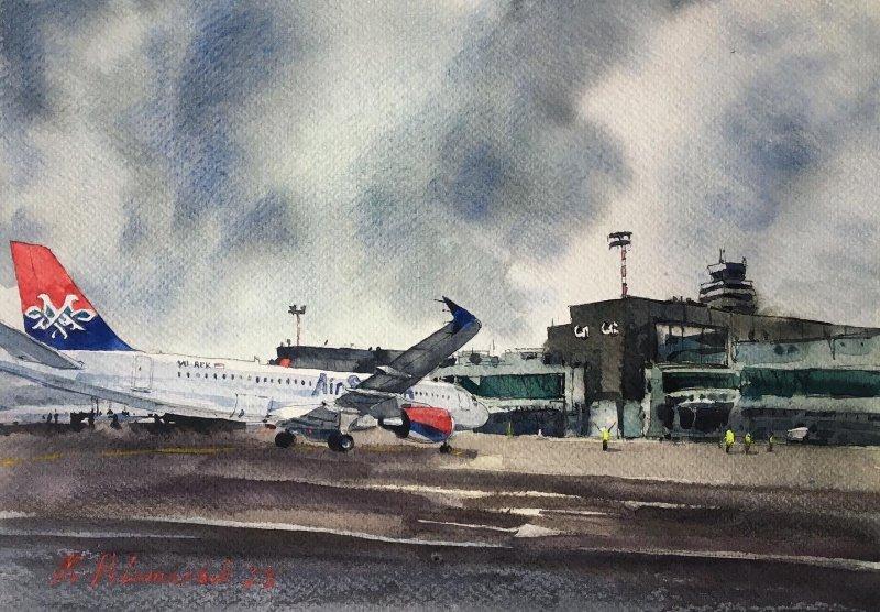 Aviation motive in watercolor, Painting Maxim