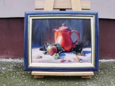 Red teapot- framed oil on canvas 40x50cm